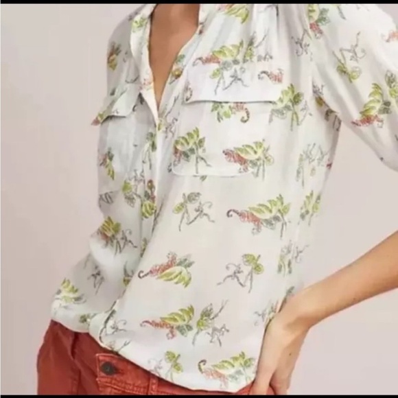 Anthropologie- Maeve Blouse White Jungle Monkey 🐒 Tiger 🐅 Print Shirt Size 4 - Picture 1 of 8